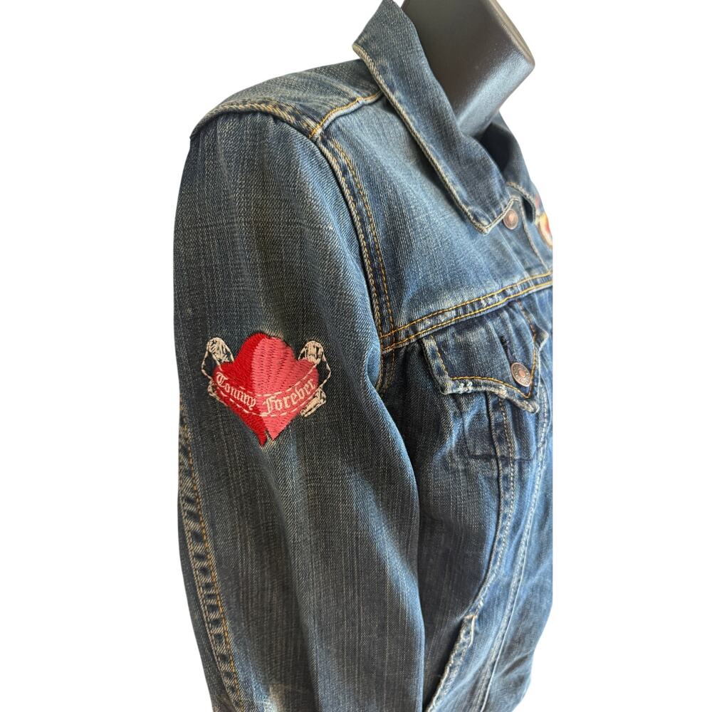 Tommy Hilfiger Denim Jacket Embroidered Bird Heart Patch Blue Trucker Womens M - Picture 5 of 11